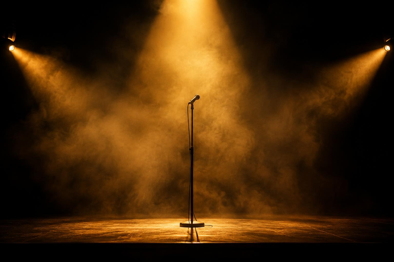 An empty stage before a show, one microphone stand lit by a gold spotlight