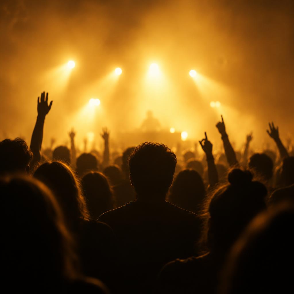 A crowd from behind with hands raised in gold stage light