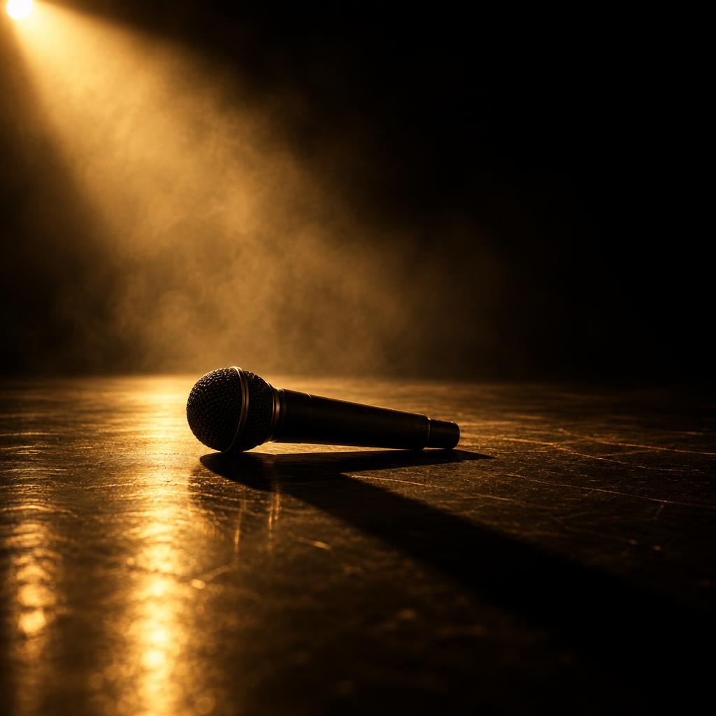 A microphone lying on a reflective stage floor in warm light