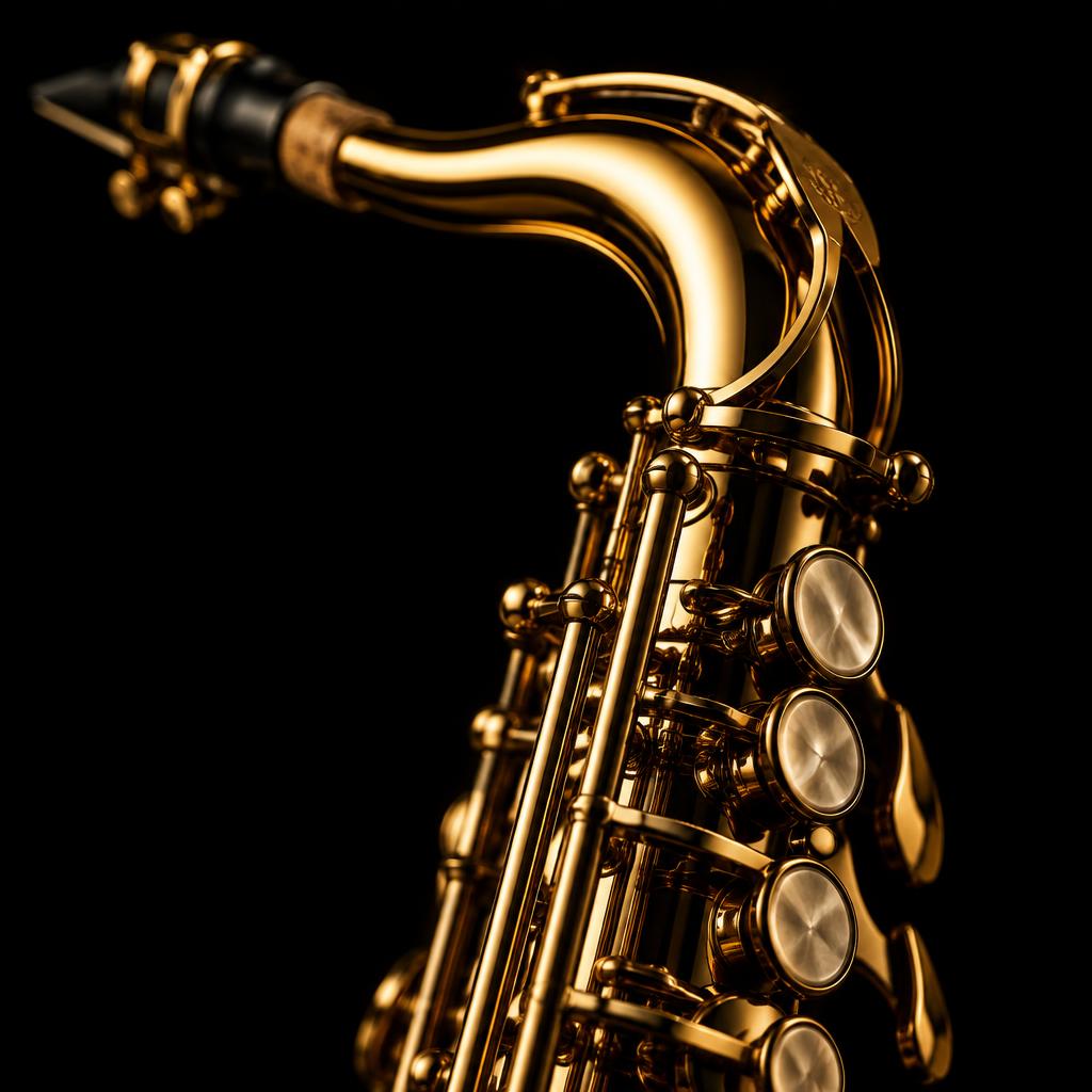 Close-up of the gold keys of a saxophone in dramatic light