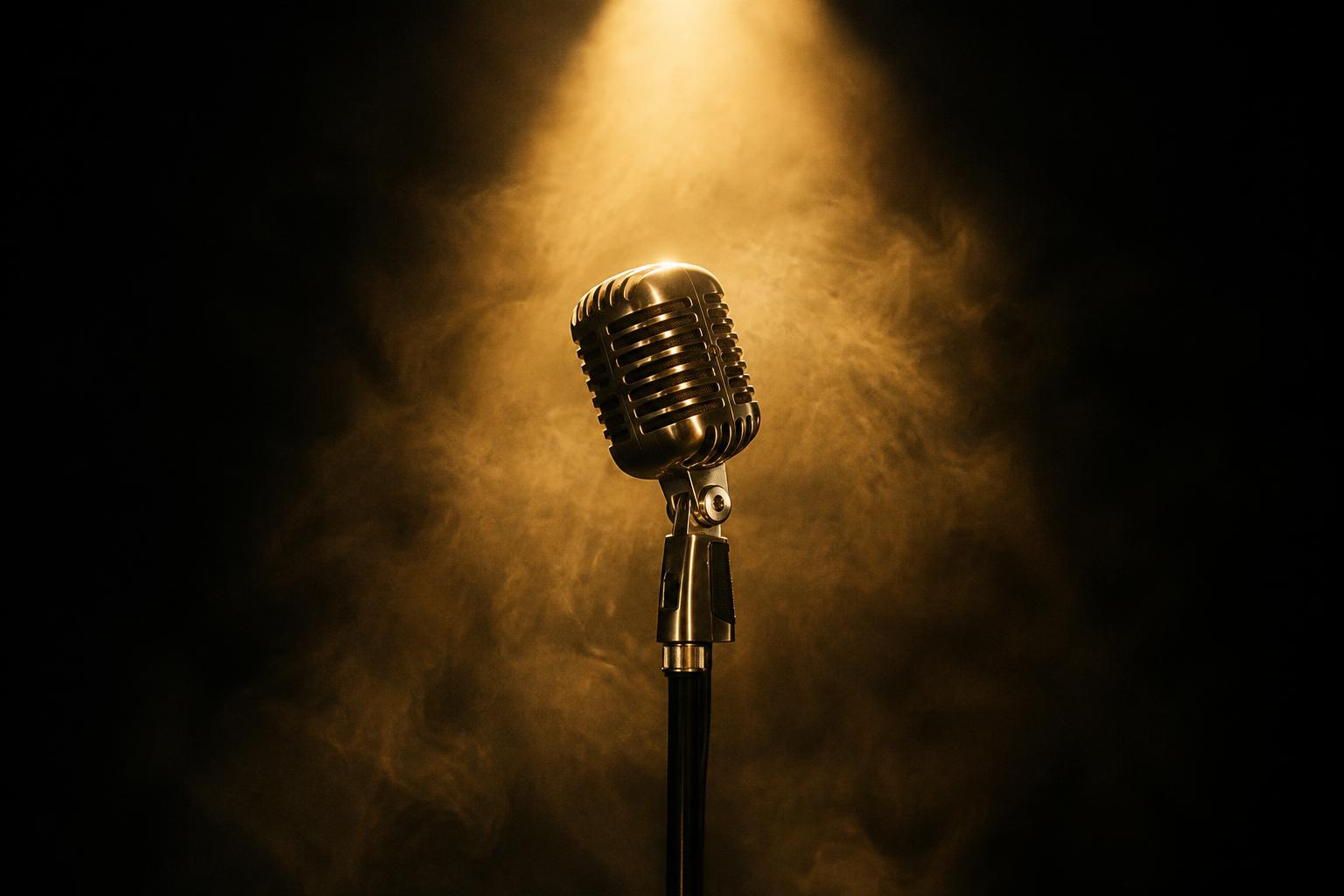 A vintage chrome microphone under a single gold spotlight